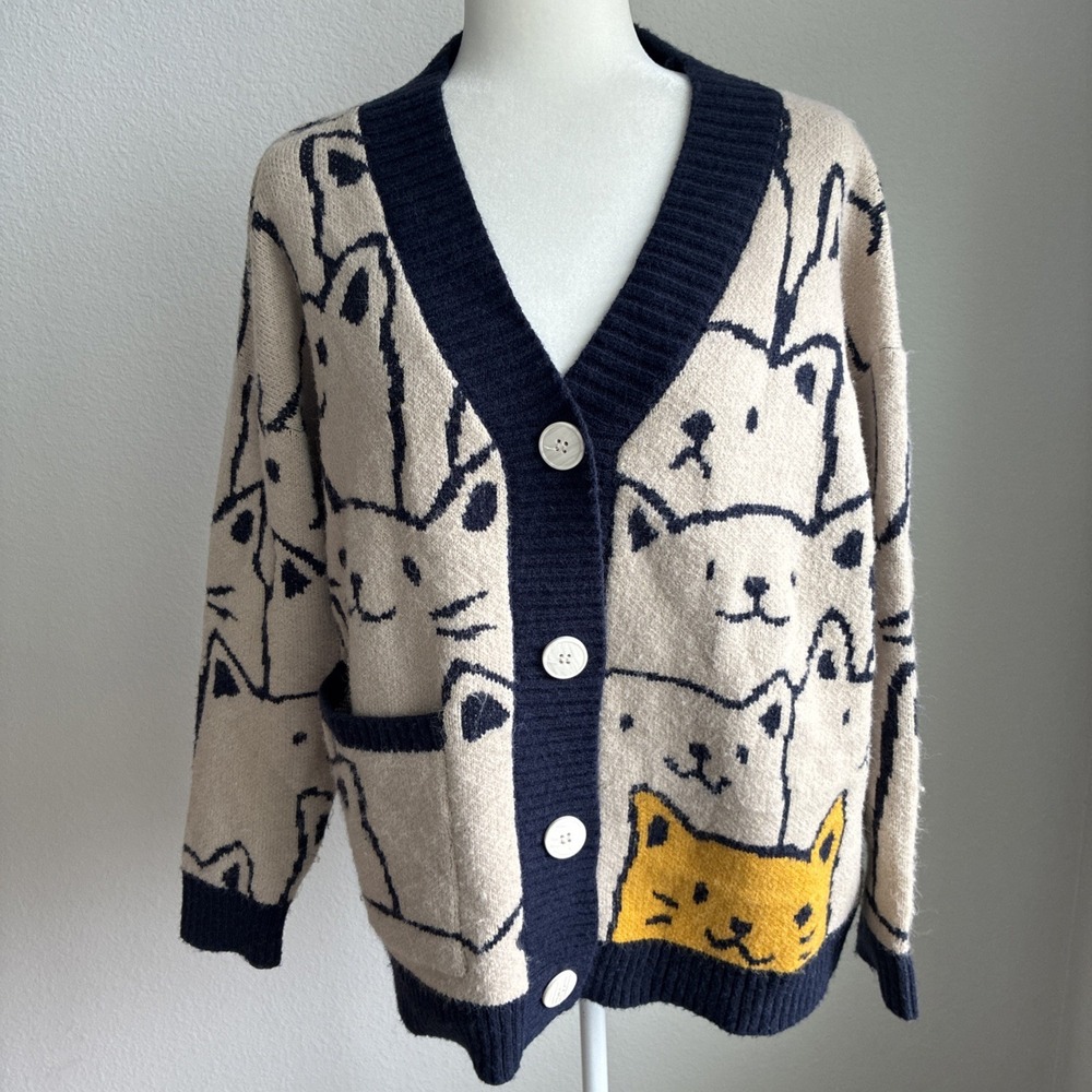 Aelfric Eden Cat Print Knit Cardigan Sweater V-Neck Kawaii Kidcore Novelty Small